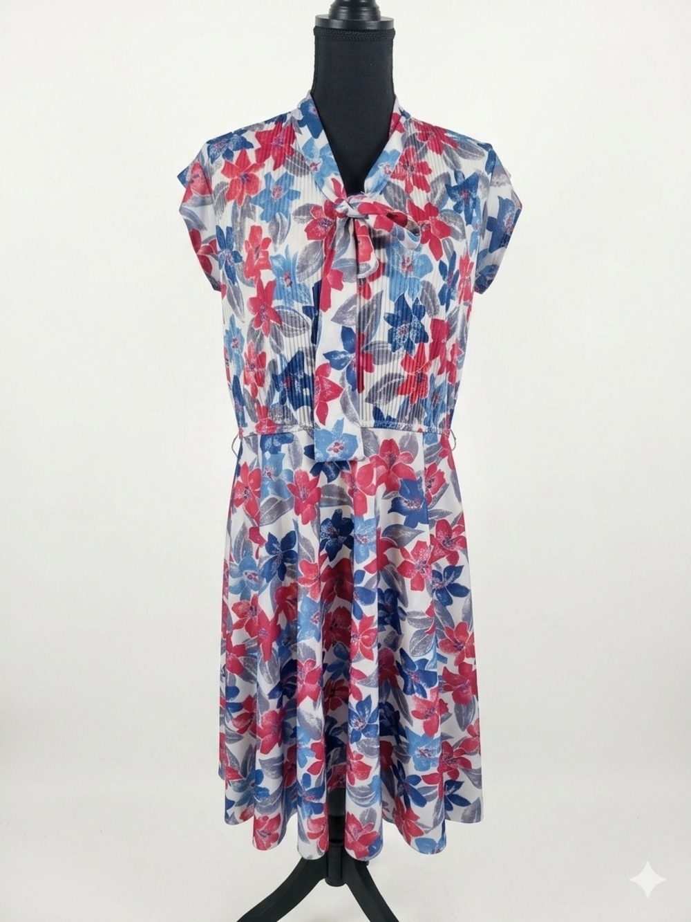 Vintage Floral Tie-Neck Midi Dress - Red, Blue & White